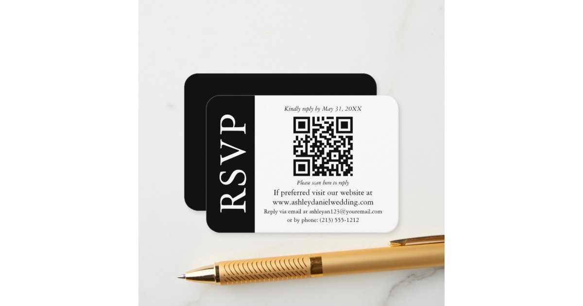 Modern QR Wedding RSVP Black and White Enclosure Card Zazzle