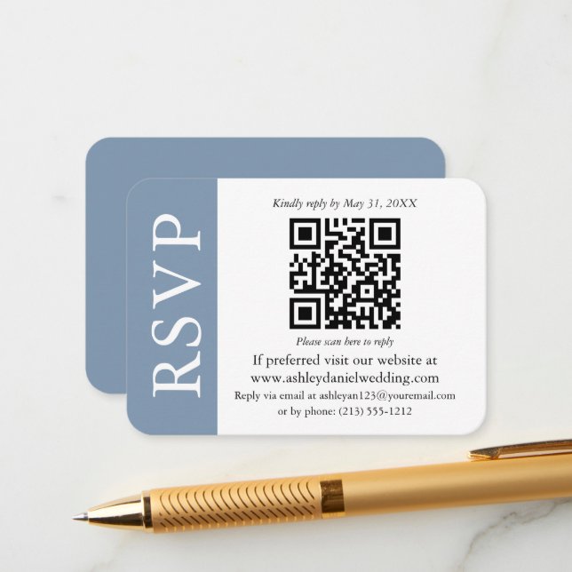 Modern QR Wedding RSVP Dusty Blue and White Enclosure Card (Front/Back In Situ)
