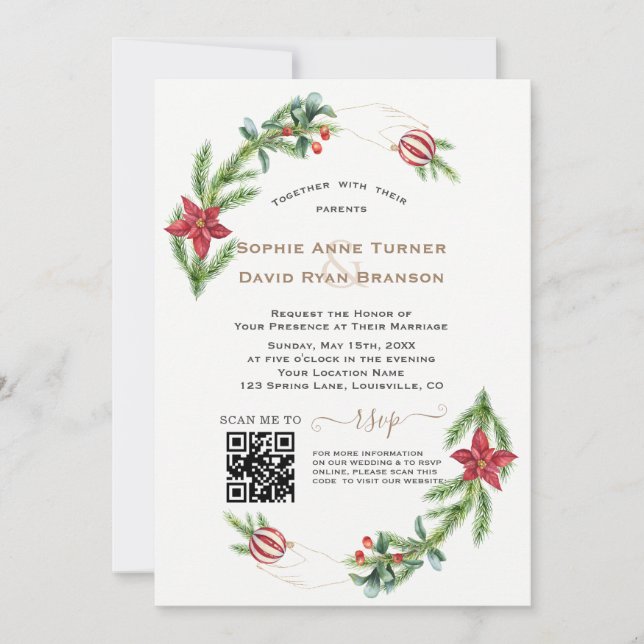 Modern QR Winter Holidays Wreath Gold Wedding Invitation (Front)