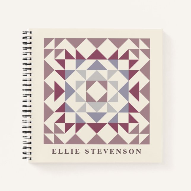 Modern Quilt Block Geometric Art Personalized Plum Notebook (Front)