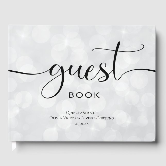 Modern Quinceanera Birthday Silver Bokeh Photo Guest Book (Front)