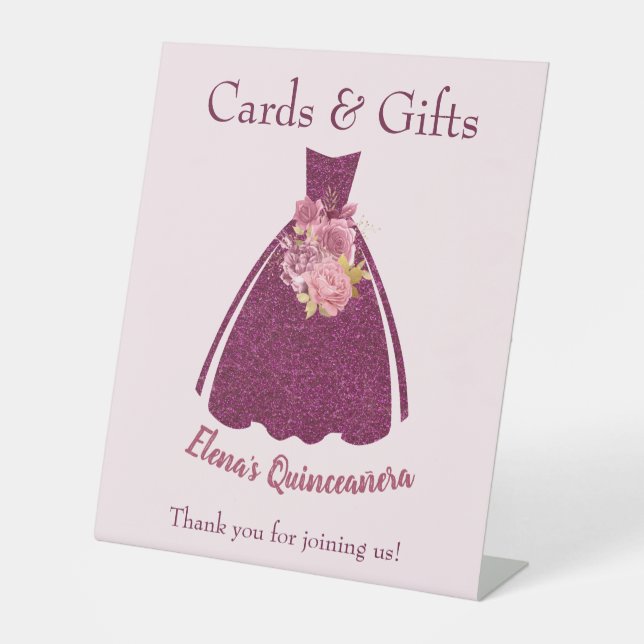 Modern Quinceañera Glitter Gown Gifts Table Sign (Front)