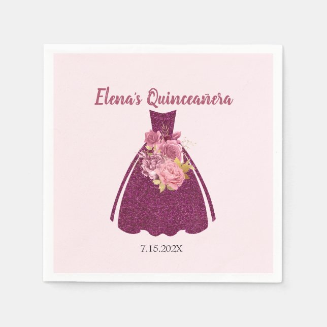 Modern Quinceañera Glitter Gown  Napkins (Front)