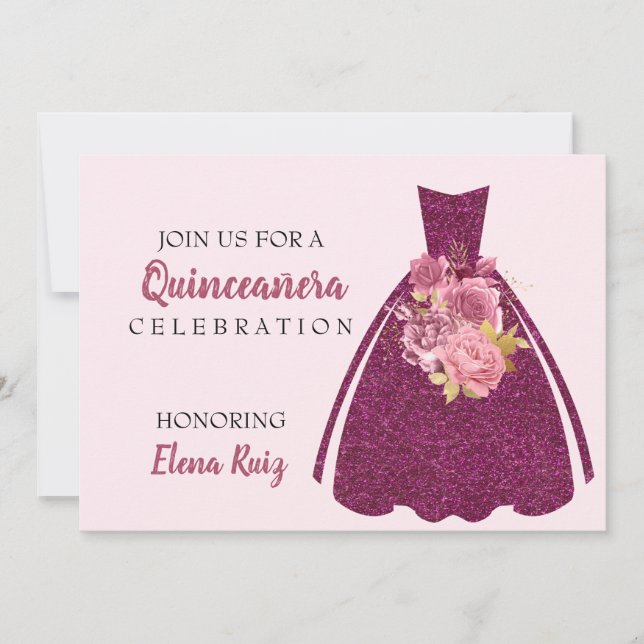 Modern Quinceañera Glitter Gown QR Code Invitation (Front)
