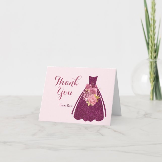 Modern Quinceañera Glitter Gown  Thank You Card (Front)