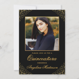 Modern Quinceanera Photo Gold Glitter Black Invitation