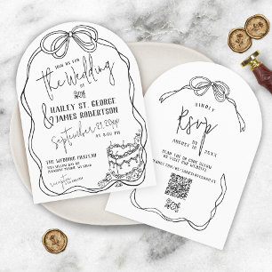 Modern quirky hand drawn bow BLACK retro wedding Invitation