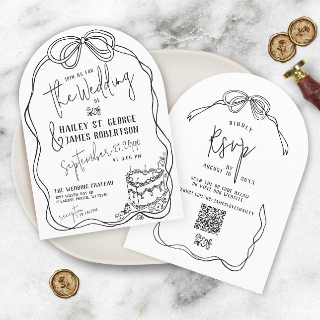 Modern quirky hand drawn bow BLACK retro wedding Invitation (Retro modern arch hand drawn black and white coquette bow floral vintage simple  wedding invitation)