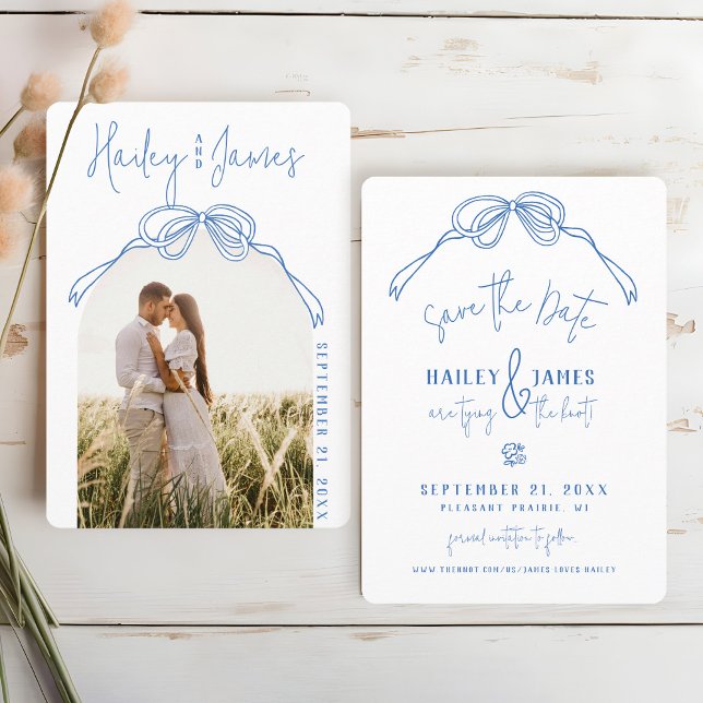 Modern Quirky Hand Drawn Bow BLUE Photo Wedding Save The Date (Modern elegant hand drawn written coquette blue & white bow script typography quirky Photo Wedding)