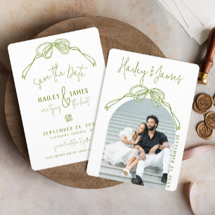Modern Quirky Hand Drawn Bow GREEN Photo wedding Save The Date