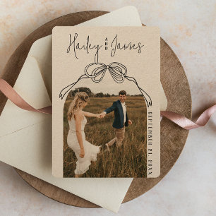 Modern Quirky Hand Drawn Bow KRAFT Photo Wedding Save The Date