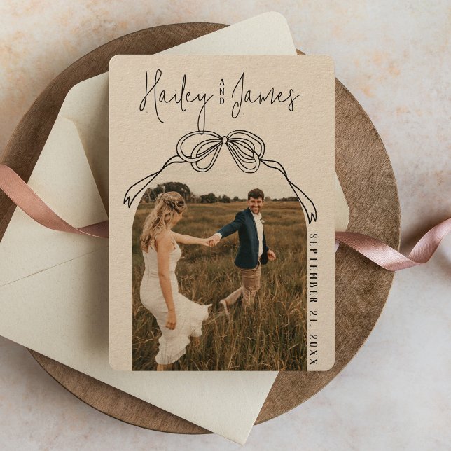 Modern Quirky Hand Drawn Bow KRAFT Photo Wedding Save The Date (Rustic kraft boho trendy black hand drawn bow modern arch photo classy wedding rounded save the date)