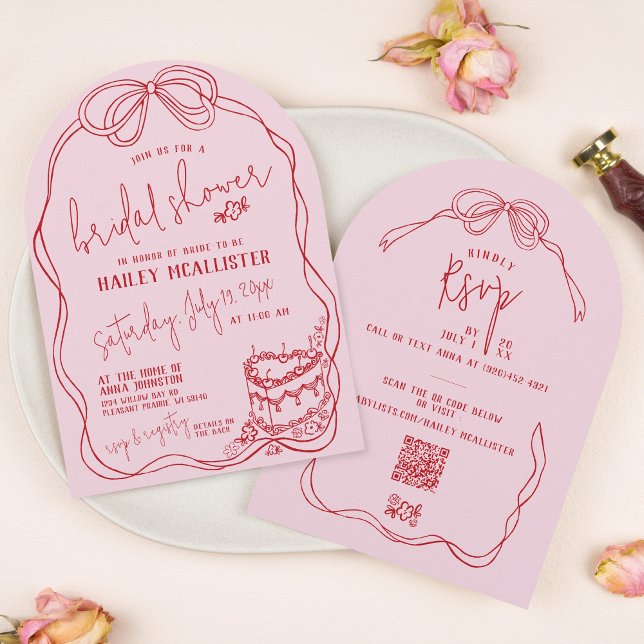 Modern Quirky Hand Drawn Bow PINK Bridal Shower Invitation (Modern quirky coquette pink and red hand drawn bow vintage cake QR code arch bridal shower invite)