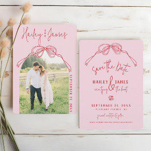 Modern Quirky Hand Drawn Bow PINK Photo Wedding Save The Date