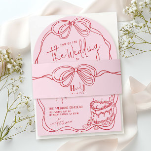 Modern Quirky Hand Drawn Bow PINK & RED Wedding Invitation Belly Band