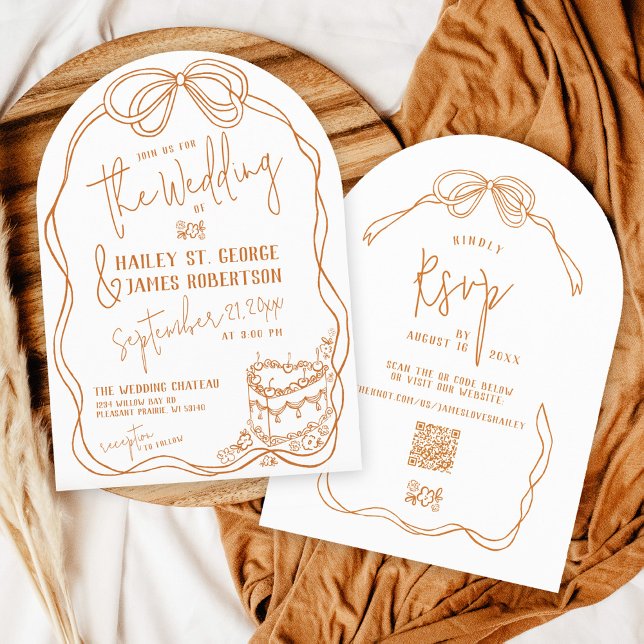 Modern quirky hand drawn bow TERRACOTTA wedding Invitation (Terracotta and white whimsical quirky retro hand drawn written bow frame modern arch wedding cake)