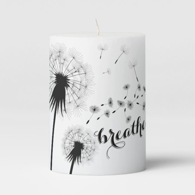 Modern Quote BREATHE Dandelion Inspirational Pillar Candle (Front)