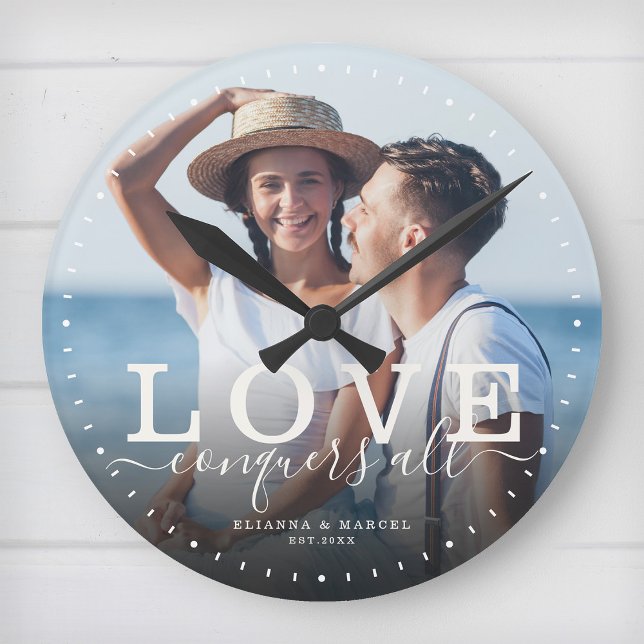 Modern Quote Love Wedding Photo Newlywed Script Round Clock (Creator Uploaded)