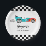Modern Race Car Boy Birthday Party Paper Plate<br><div class="desc">Fun and cool race car theme boy's birthday party plate featuring watercolor illustration of a blue retro car with red flames.</div>