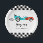 Modern Race Car Boy Birthday Party Paper Plate<br><div class="desc">Fun and cool race car theme boy's birthday party plate featuring watercolor illustration of a blue retro car with red flames.</div>