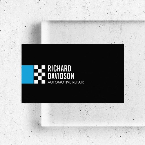 Modern Racing Flag Logo in Blue Automotive Business Card