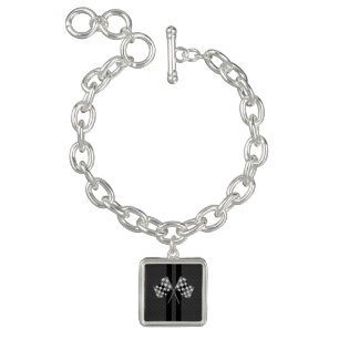 Modern Racing Flags Stripes in Carbon Fiber Style Charm Bracelet