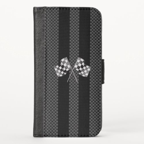Modern Racing Flags Stripes in Carbon Fiber Style iPhone X Wallet Case