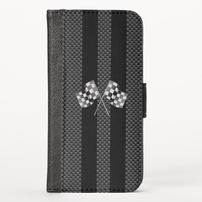 Modern Racing Flags Stripes in Carbon Fiber Style iPhone Wallet Case (Front)
