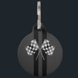 Modern Racing Flags Stripes in Carbon Fiber Style Pet Name Tag<br><div class="desc">A checkered racing flags applique rendered as a chrome like applique on a carbon fiber style design print. The carbon fiber and black stripes look suits automotive,  modern,  and industrial tastes and the 3D simulation of the flags makes for a dynamic looking design. 







Introducing</div>