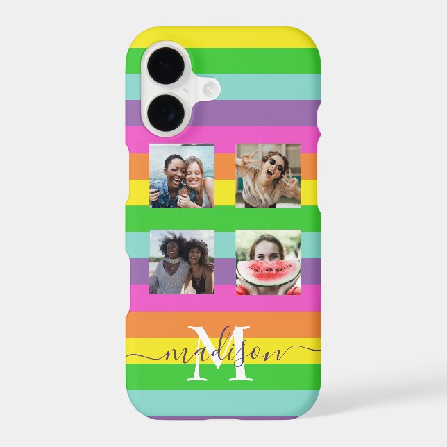Modern Rainbow 4 Photo Script Name Monogram Iphone Case (Back)