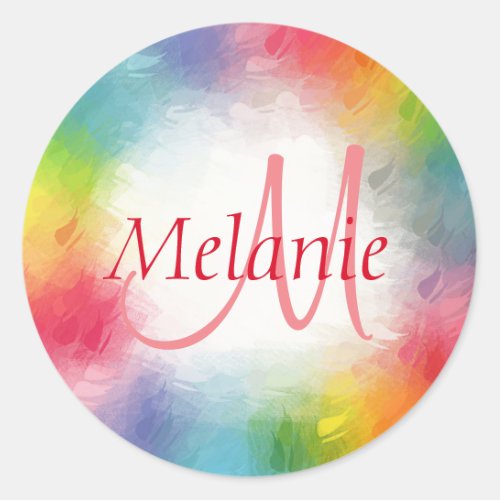 Modern Rainbow Abstract Monogrammed Template Classic Round Sticker