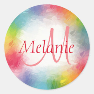 Modern Rainbow Abstract Monogrammed Template Classic Round Sticker
