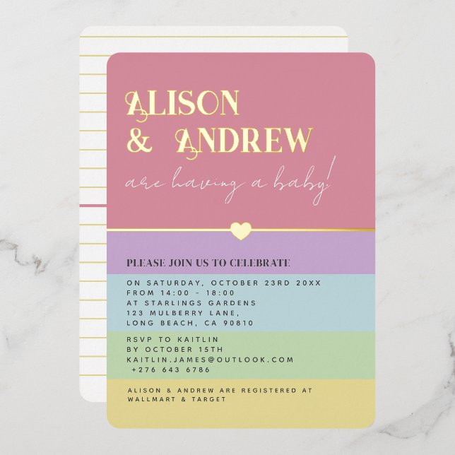 Modern Rainbow and Gold Couple's Baby Shower Foil Invitation (Front/Back)