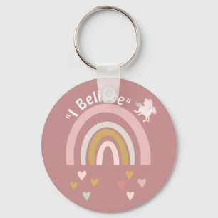 Modern Rainbow and Hearts Believe in Unicorns Pink Keychain