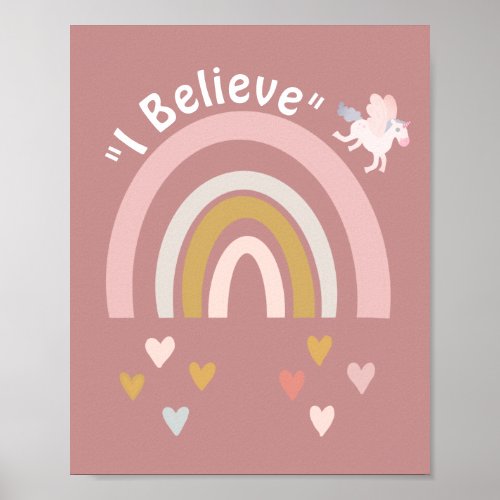 Modern Rainbow and Hearts Believe in Unicorns Pink Poster