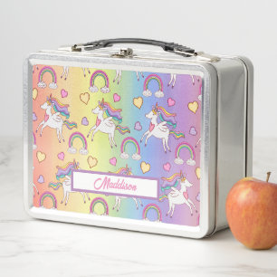 Modern Rainbow and Unicorn Pattern Name  Metal Lunch Box