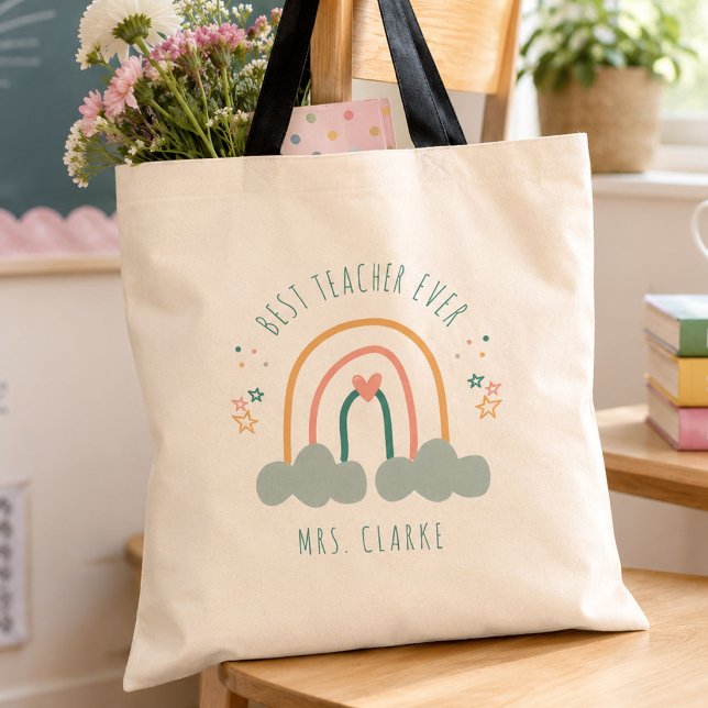 Modern Rainbow Best Teacher Ever Appreciation Gift Tote Bag (Creator Uploaded)