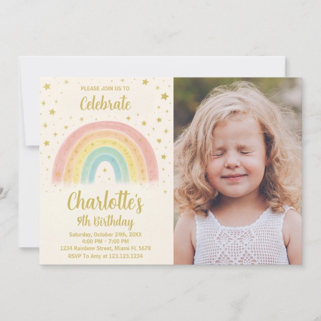 Modern Rainbow Birthday Invitation with photo (Front)