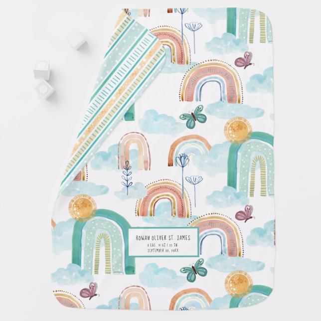 Modern Rainbow BOHO Baby Nursery Birth Stats Name  Blanket (In Situ)