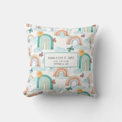 Modern Rainbow BOHO Baby Nursery Birth Stats Name  Throw Pillow