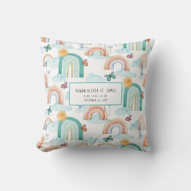 Modern Rainbow BOHO Baby Nursery Birth Stats Name  Throw Pillow (Front)