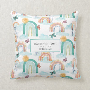 Modern Rainbow BOHO Baby Nursery Birth Stats Name Throw Pillow
