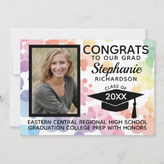 Modern Rainbow Bokeh Bubbles Photo Graduation Invitation