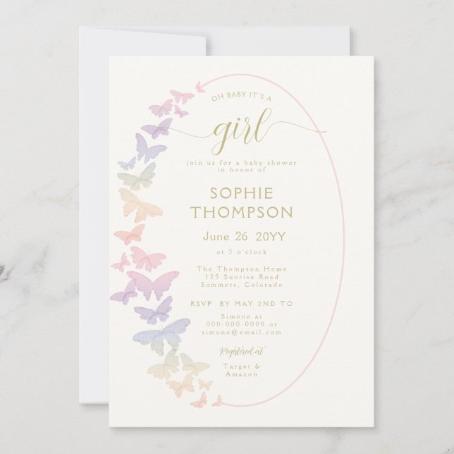 Modern Rainbow Butterfly Gold Girl Baby Shower Invitation (Front)