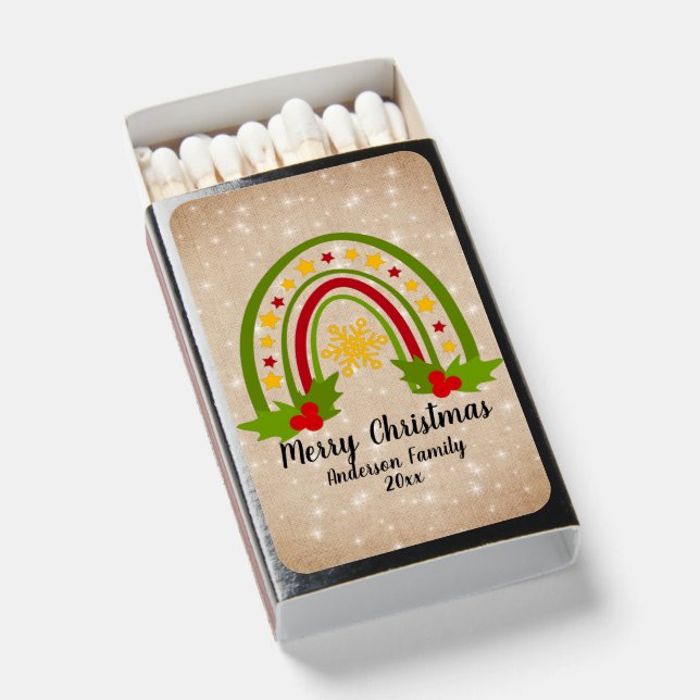 Modern Rainbow Christmas Holly 20xx Year Name Matchboxes (Front Open)