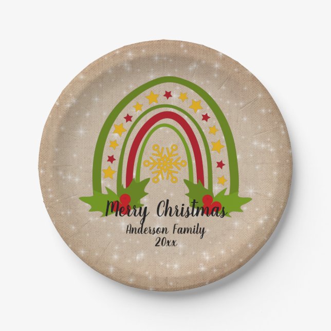 Modern Rainbow Christmas Holly 20xx Year Text 7" Paper Plates (Front)