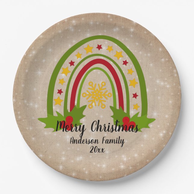 Modern Rainbow Christmas Holly 20xx Year Text 9" Paper Plates (Front)