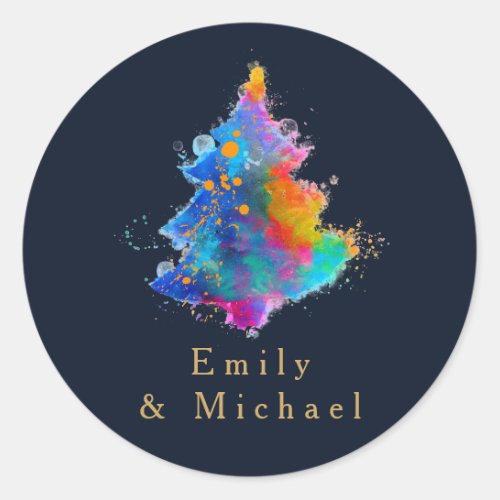 Modern Rainbow Christmas Tree Navy Blue Custom Classic Round Sticker