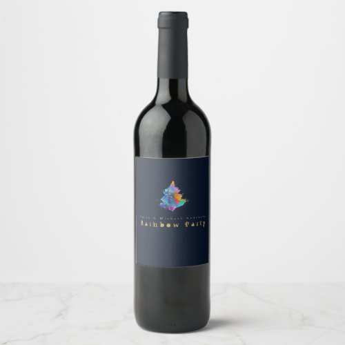 Modern Rainbow Christmas Tree Navy Blue Gold Wine Label