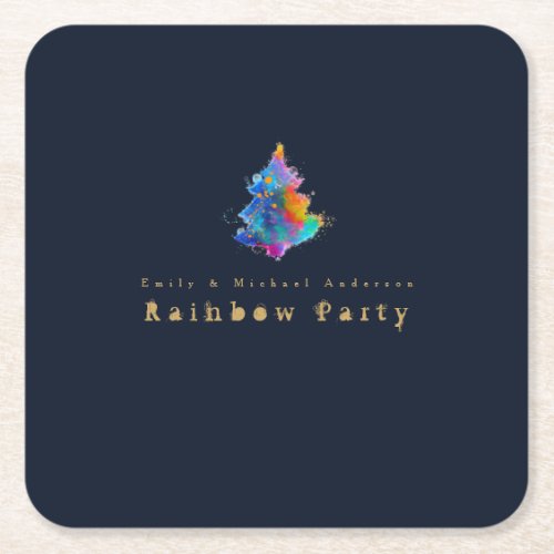 Modern Rainbow Christmas Tree Personalized Party Square Paper Coaster